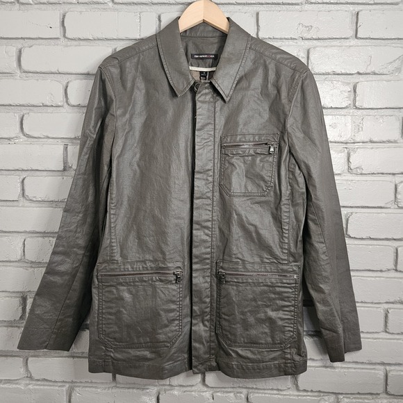 John Varvatos USA Mens Jacket Medium Utility Field Distressed Grey Coated Linen